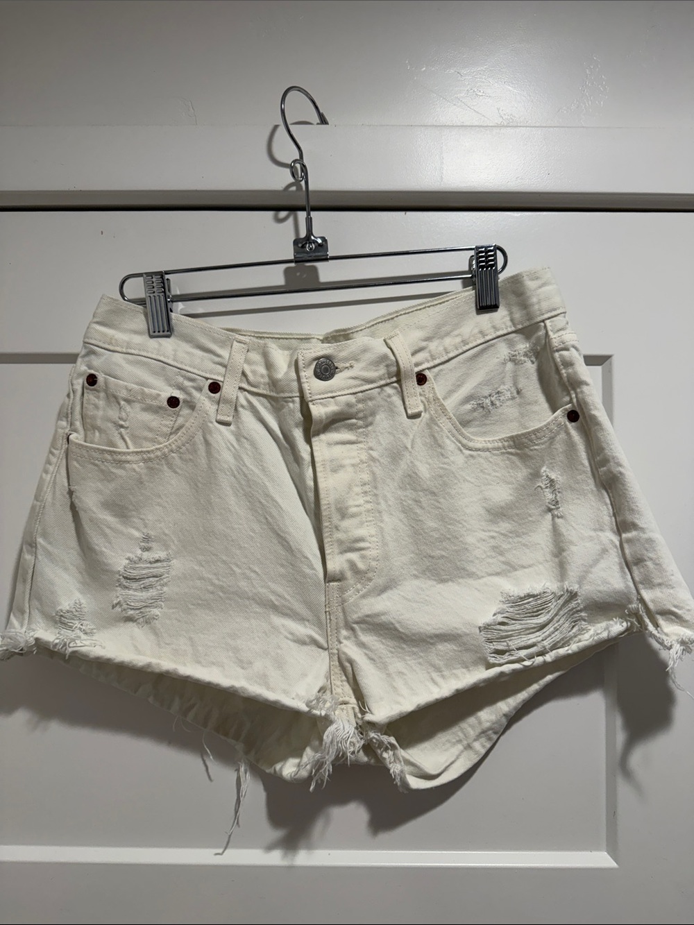 Levi's 501 Cream Distressed High-Rise Denim Shorts